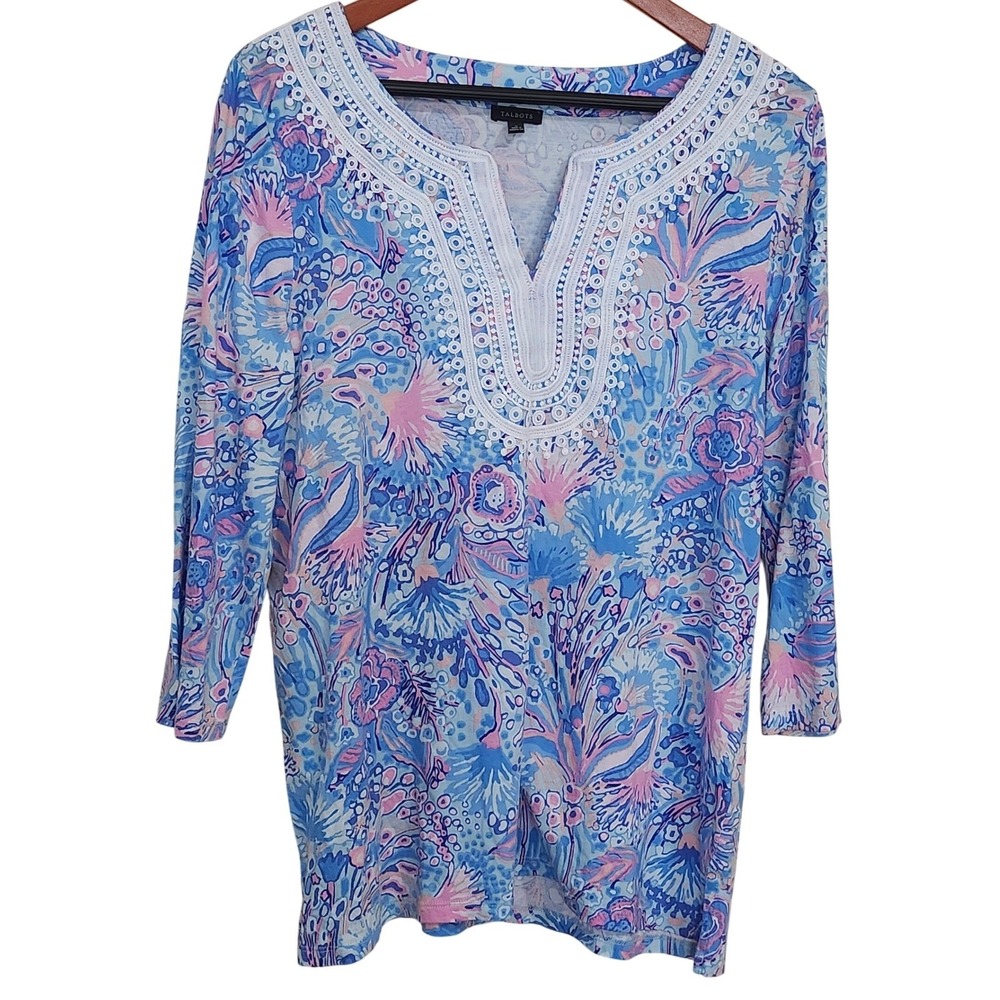 Talbots Large Lace Trim Tunic Flowing Floral Pink Blue Print‎ Split Neck Coastal